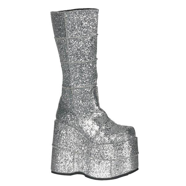 Demonia Women's Stack-301G Knee High Platform Boots - Silver Glitter D3849-57US Clearance